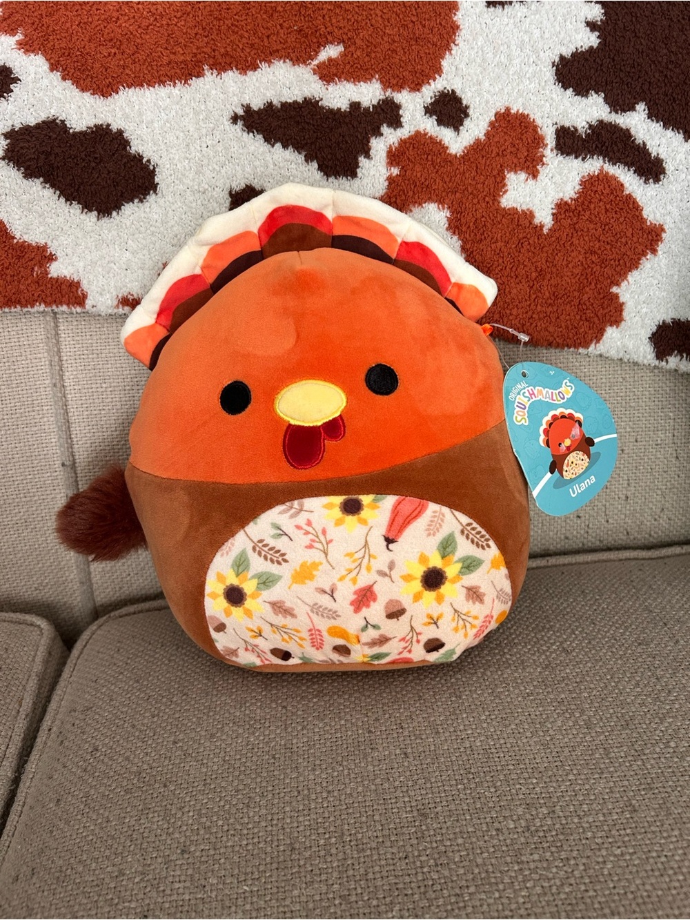 NWT Squishmallows Ulana Turkey Plush Brown Pilgrim Hat Floral Belly Soft 2024 M